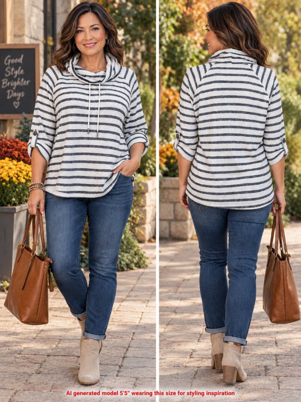 Style & Co Sport Blue White Striped Cowl Neck Sweater XL